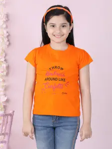 StyleStone Girls Orange Typography Printed Extended Sleeves T-shirt
