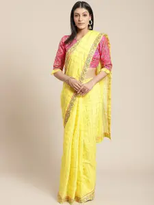 Chhabra 555 Yellow & Gold-Toned Checked Sequinned Silk Blend Chanderi Saree