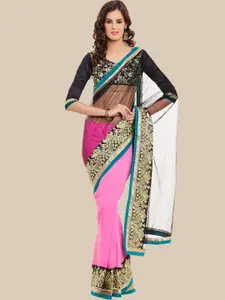Chhabra 555 Pink & Black Ethnic Motifs Embroidered Half and Half Saree With Net Pallu