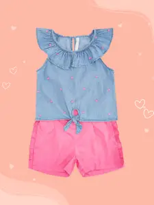 Pantaloons Junior Girls Blue & Pink Denim Top & Shorts Clothing Set