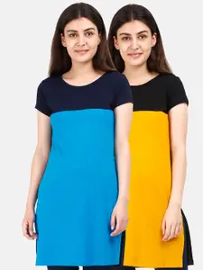 Fleximaa Blue & Yellow Set Of 2 Colourblocked Pure Cotton Top