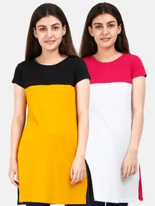 Fleximaa Yellow & White Set Of 2 Colourblocked Pure Cotton Top