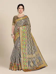 MS RETAIL Grey & Gold-Toned Woven Design Zari Organza Banarasi Saree