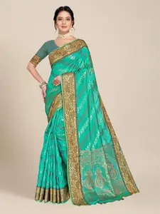 MS RETAIL Blue & Gold-Toned Woven Design Organza Banarasi Saree