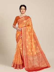 MS RETAIL Orange & Gold-Toned Floral Organza Banarasi Saree