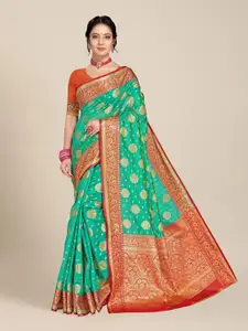 MS RETAIL Green & Red Woven Design Organza Banarasi Saree