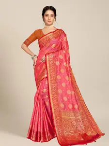 MS RETAIL Pink & Gold-Toned Woven Design Zari Organza Banarasi Saree