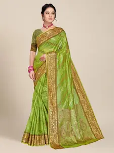 MS RETAIL Green & Gold-Toned Ethnic Motifs Organza Banarasi Saree