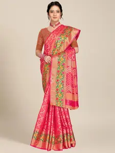 MS RETAIL Pink & Green Woven Design Organza Banarasi Saree