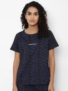 Allen Solly Woman Women Black & Blue Printed Pure Cotton T-shirt