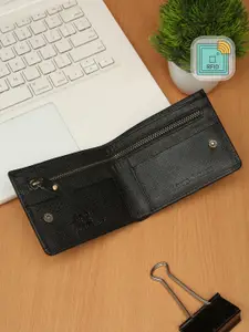 LOUIS STITCH Men Black Zip Detail Leather Two Fold Wallet