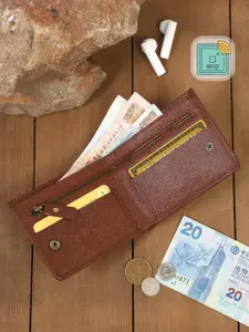 LOUIS STITCH Men Tan Saffiano Leather Bifold  Wallet with Zip Pocket and RFID Blocking