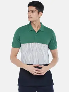 BYFORD by Pantaloons Men Green Colourblocked Polo Collar Slim Fit Cotton ???????T-shirt