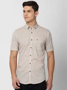 Peter England Casuals Men Beige Slim Fit Printed Pure Cotton Casual Shirt