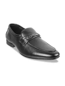 Metro Men Black Solid Leather Formal Slip-Ons Shoes