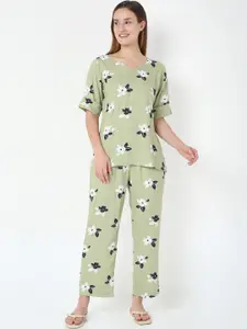 Smarty Pants Women Green & Blue Printed Pure Cotton Night suit