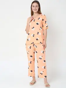 Smarty Pants Women Peach-Coloured & White Printed Pure Cotton Night suit