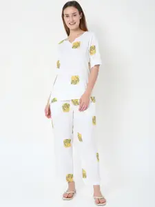 Smarty Pants Women White & Yellow Floral Printed Pure Cotton Night suit