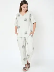 Smarty Pants Women Grey Floral Printed Pure Cotton Night suit