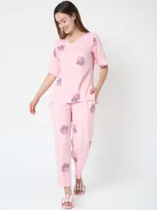 Smarty Pants Women Pink Printed Pure Cotton Night suit