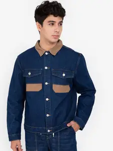 ZALORA BASICS Men Navy Blue & Brown Contrast Patch Denim Jacket