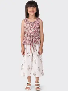 Fabindia Girls Pink Floral Printed Pure Cotton Top with Palazzos