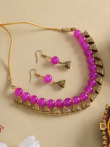 ANIKAS CREATION Sleek Pink Beads Necklace With Earrings