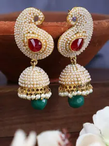 ANIKAS CREATION Gold Plated White & Red Contemporary Jhumkas Earrings