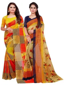 KALINI Pack of 2 Yellow & Red Pure Georgette Sarees