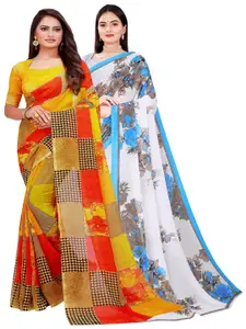 KALINI Pack Of 2 Yellow & White Floral Printed Pure Georgette Saree