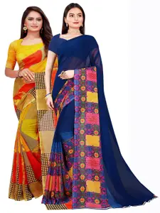 KALINI Yellow & Navy Blue Set of 2 Floral Printed Georgette Saree