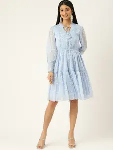 Antheaa Women Blue & White Geometric Print Tie-Up Neck Tiered Chiffon A-Line Dress