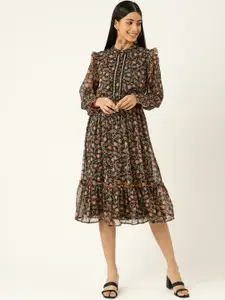 Antheaa Women Black & Brown Floral Printed Chiffon A-Line Midi Dress