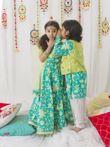 pspeaches Girls Green & Turquoise Blue Printed Ready to Wear Lehenga & Blouse With Dupatta