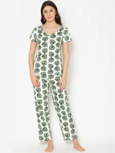 Lounge Dreams Women Off White & Green Printed Pure Cotton Night suit
