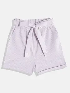 luyk Girls White & Lavender Pure Cotton Striped High-Rise Shorts