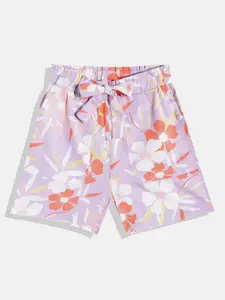 luyk Girls Lavender & White Pure Cotton Floral Printed High-Rise Shorts