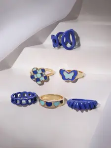 TOKYO TALKIES X rubans FASHION ACCESSORIES Set Of 6 Gold-Plated & Blue Finger Rings