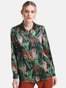 Kazo Women Green Boxy Animal Printed Casual Shirt