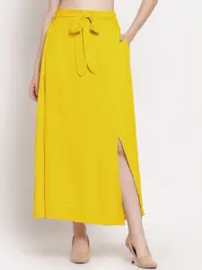 PATRORNA Women Plus Size Yellow Solid A-Line Maxi Skirt