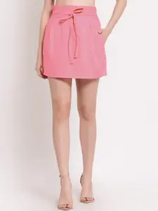 PATRORNA Women Plus Size Rose-Pink Solid Mini Skirt