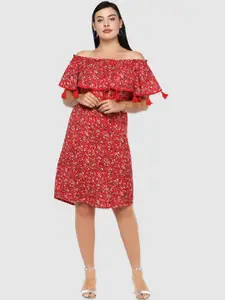 LastInch Red Floral Printed Off-Shoulder Dress