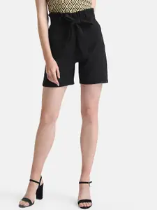 Kazo Women Black Solid High-Rise Paper Bag Shorts