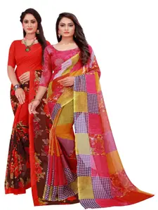 KALINI  Pack Of 2 Red & Pink Pure Georgette Saree