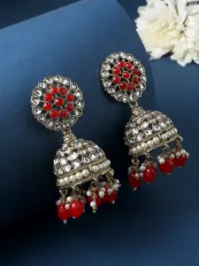 VIRAASI Red Kundan Studded Jhumkas Earrings