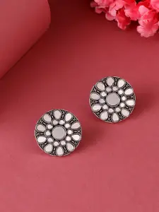 VIRAASI Silver-Toned Oxidised Mirror Work Studs Earrings
