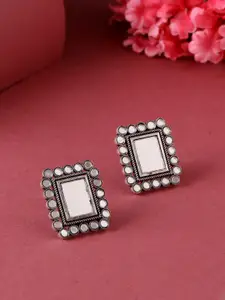 VIRAASI Silver-Toned Oxidised Mirror Work Square Studs Earrings