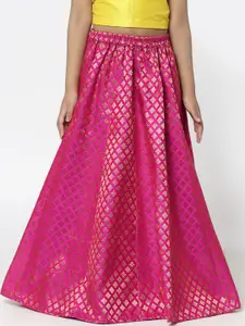 studio rasa Girls Pink Ethnic Print Pure Silk Flared Maxi Skirt