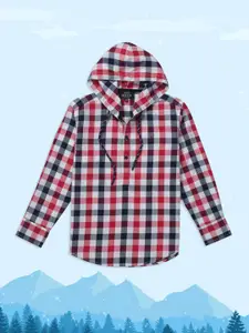 Gini and Jony Boys Red Classic Gingham Checked Hooded Casual Shirt