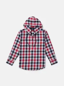 Gini and Jony Boys Red Classic Gingham Checked Hooded Casual Shirt